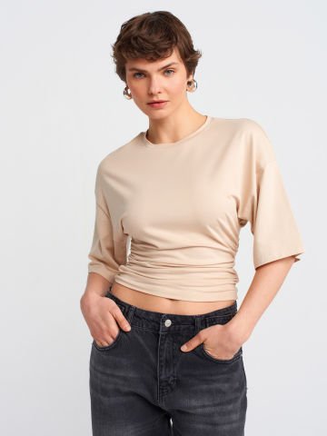 Dilvin 31610 Beli Büzgülü Bisiklet Yaka T-Shirt-Açık Bej