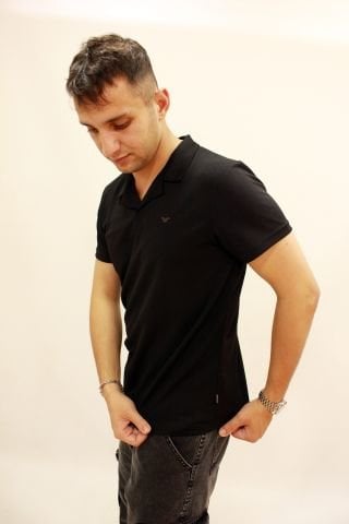 Caz 4183 Polo Yaka Düğmesiz Micro Erkek T-shirt Siyah