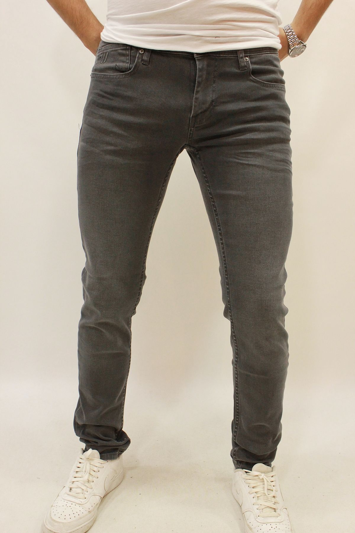 Panama 675-01 Dark Grey Dar Kesim Likralı Erkek Kot Pantolon Gri