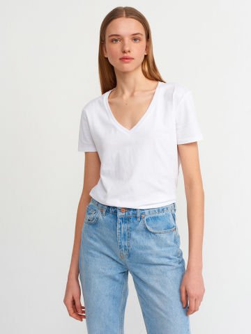 Dilvin 3470 V Yaka Basic T-Shirt-Beyaz