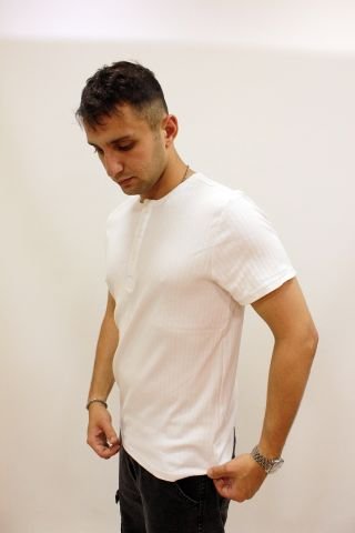 Caz 4270 Kendinden Dokulu Düğmeli Patlı Yaka Erkek T-Shirt Beyaz