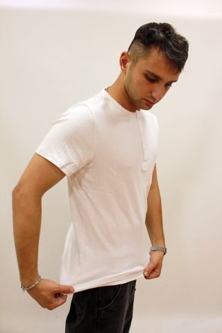 Caz 4270 Kendinden Dokulu Düğmeli Patlı Yaka Erkek T-Shirt Beyaz