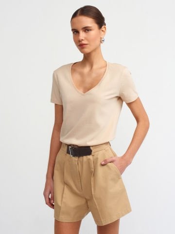 Dilvin 3470 V Yaka Basic T-Shirt-Bej