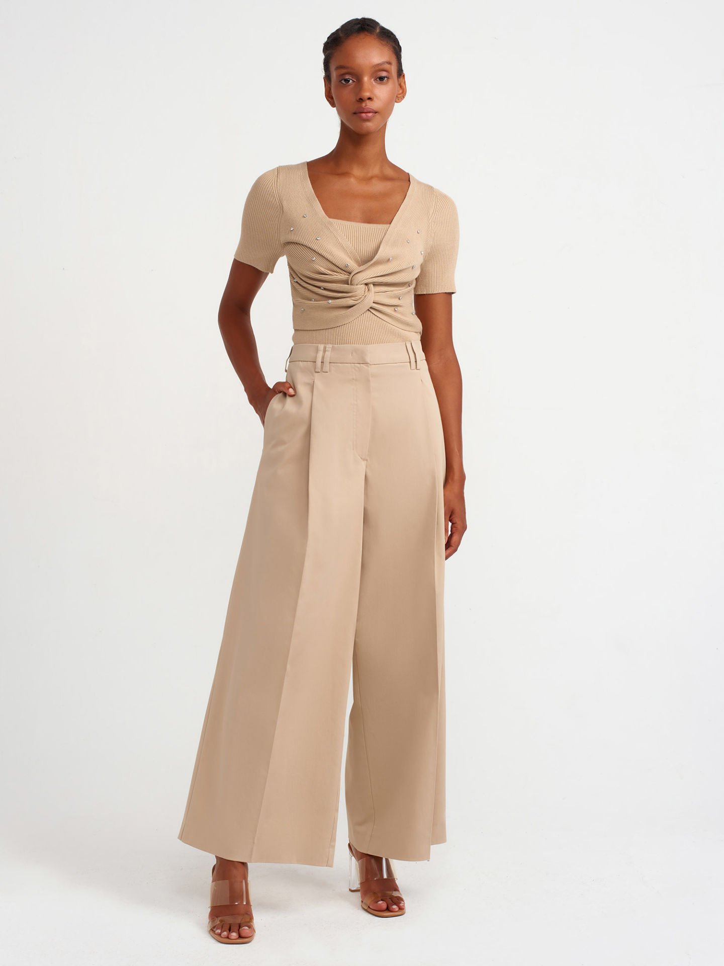 Dilvin 71530 Pileli Geniş Paça Pantolon Camel