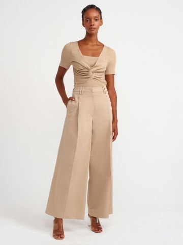 Dilvin 71530 Pileli Geniş Paça Pantolon Camel