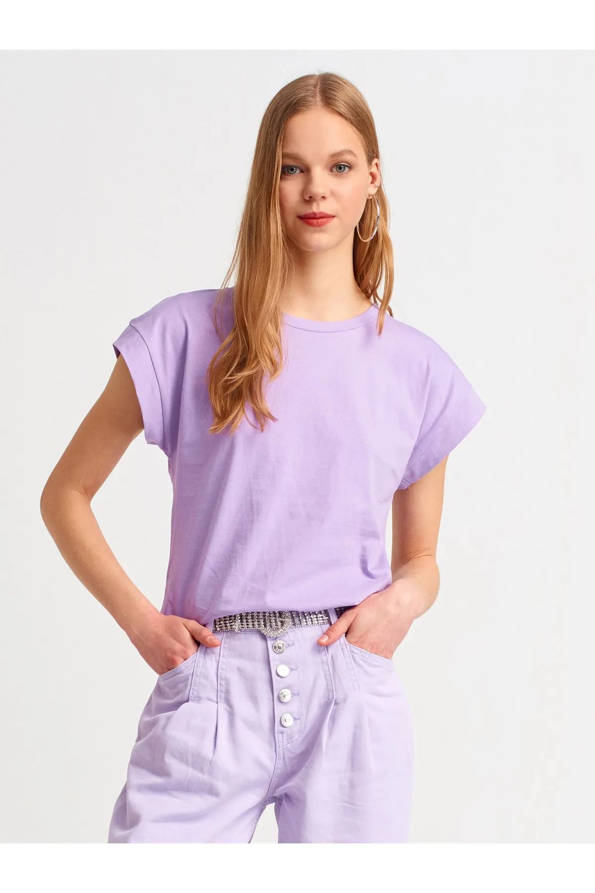 Dilvin 3504 Bisiklet Yaka Penye T-Shirt-Lila