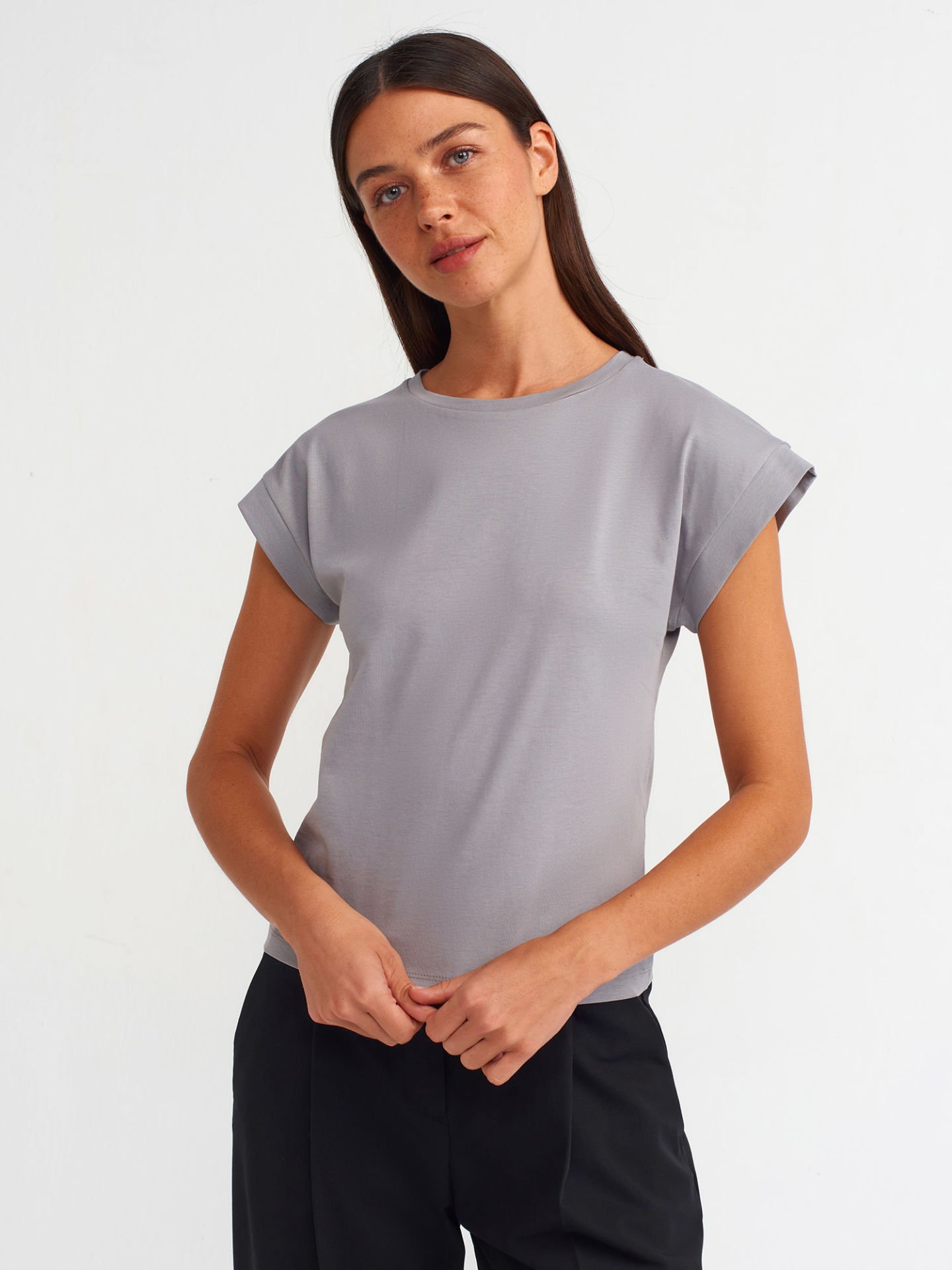Dilvin 3504 Bisiklet Yaka Penye T-Shirt-Gri