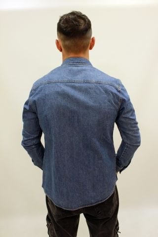 EG 1849 Middle Blue Erkek Çift Cepli Çıtçıtlı Kalın Kot Gömlek Mavi