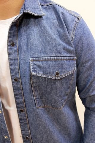 EG 1849 Middle Blue Erkek Çift Cepli Çıtçıtlı Kalın Kot Gömlek Mavi