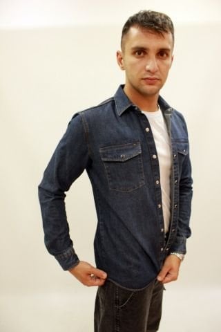 EG 1849-01 Dark Blue Erkek Çift Cepli Çıtçıtlı Kalın Kot Gömlek Koyu Mavi