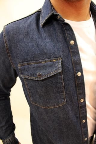 EG 1849-01 Dark Blue Erkek Çift Cepli Çıtçıtlı Kalın Kot Gömlek Koyu Mavi