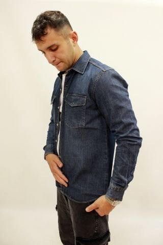 EG 1849-01 Dark Blue Erkek Çift Cepli Çıtçıtlı Kalın Kot Gömlek Koyu Mavi