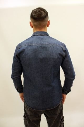 EG 1849-01 Dark Blue Erkek Çift Cepli Çıtçıtlı Kalın Kot Gömlek Koyu Mavi