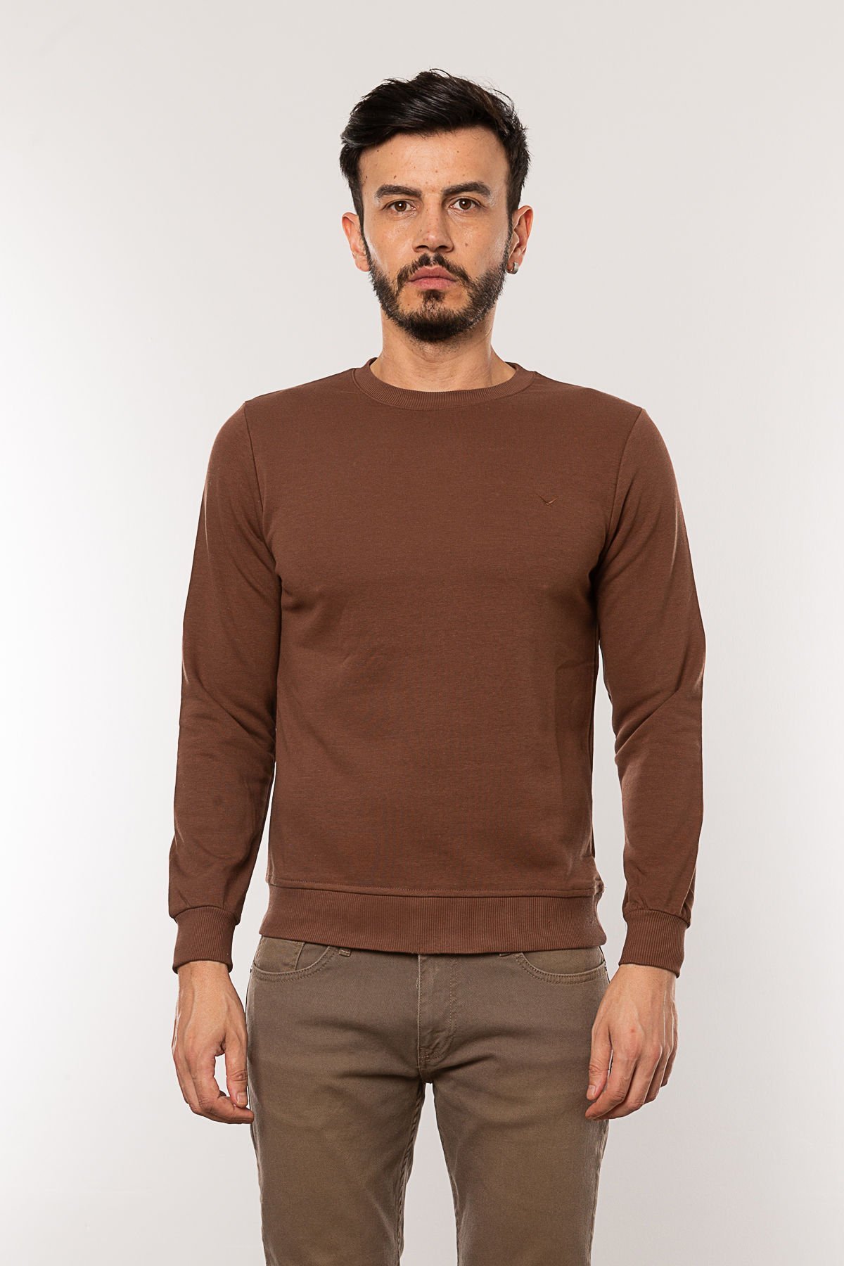 Caz 5610 Bisiklet Yaka 3 İplik Şardonsuz Erkek Basic Sweat Kahve