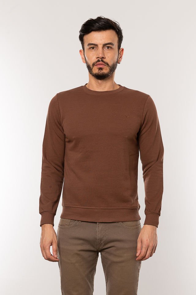 Caz 5610 Bisiklet Yaka 3 İplik Şardonsuz Erkek Basic Sweat Kahve
