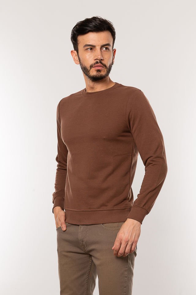 Caz 5610 Bisiklet Yaka 3 İplik Şardonsuz Erkek Basic Sweat Kahve