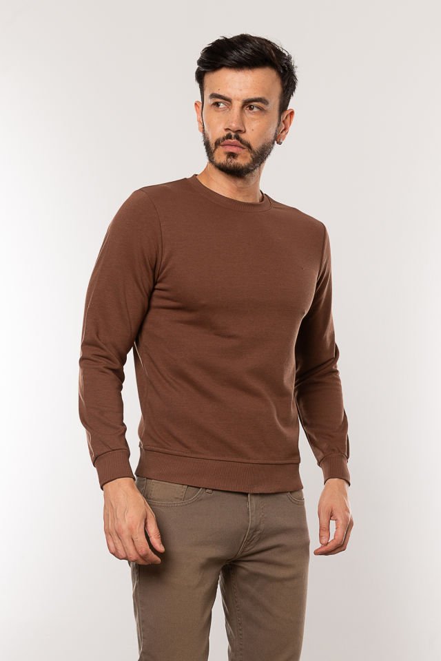 Caz 5610 Bisiklet Yaka 3 İplik Şardonsuz Erkek Basic Sweat Kahve