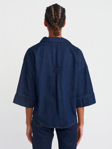 Dilvin 50747 Yakası Açık Yarım Kol Denim Gömlek-Lacivert