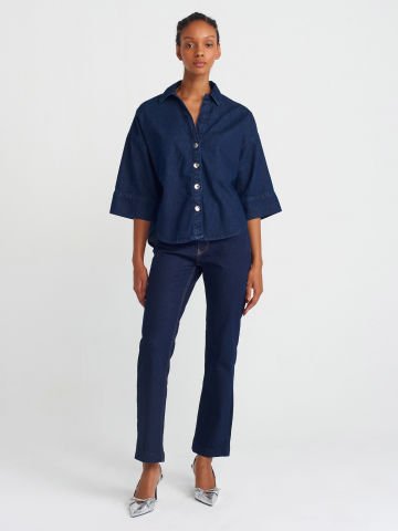 Dilvin 50747 Yakası Açık Yarım Kol Denim Gömlek-Lacivert