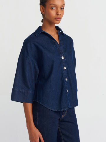 Dilvin 50747 Yakası Açık Yarım Kol Denim Gömlek-Lacivert