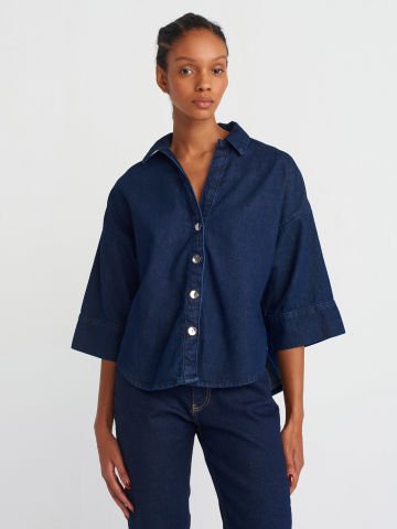 Dilvin 50747 Yakası Açık Yarım Kol Denim Gömlek-Lacivert