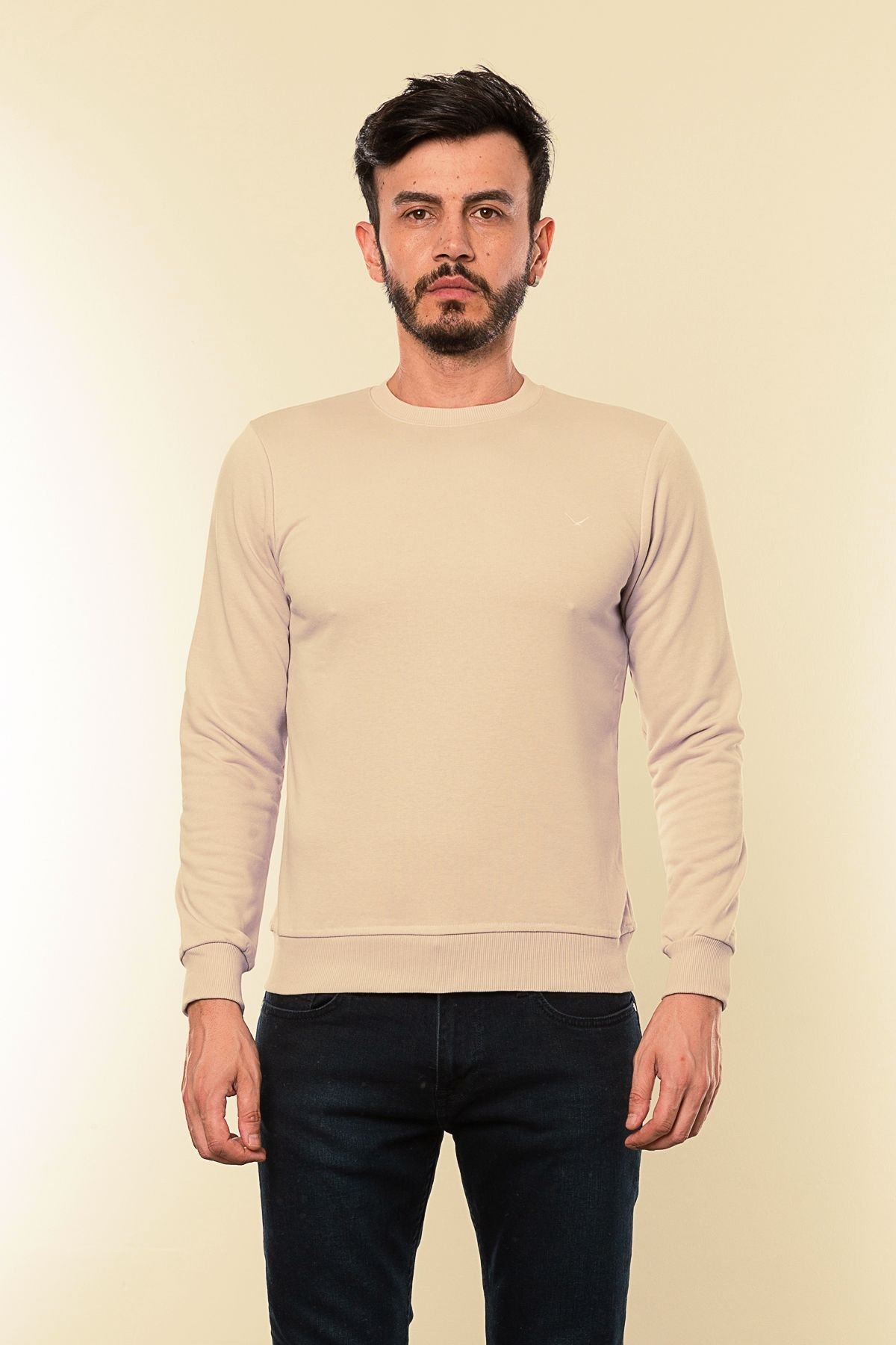 Caz 5610 Bisiklet Yaka 3 İplik Şardonsuz Erkek Basic Sweat Bej