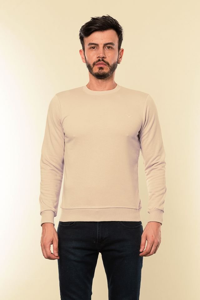 Caz 5610 Bisiklet Yaka 3 İplik Şardonsuz Erkek Basic Sweat Bej
