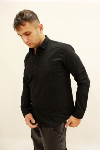 EG 1842-01 Black Tek Cep Erkek Keten Gömlek Siyah