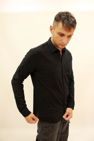EG 1842-01 Black Tek Cep Erkek Keten Gömlek Siyah