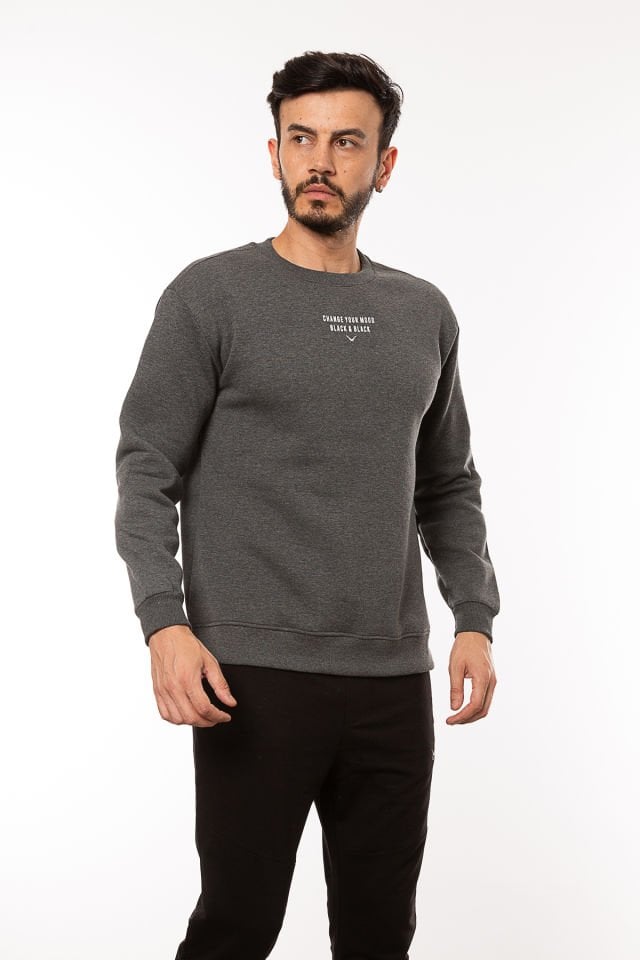 CAZ 5107 Sırt Baskılı Bisiklet Yaka Oversize Erkek Sweatshirt Antrasit Melanj