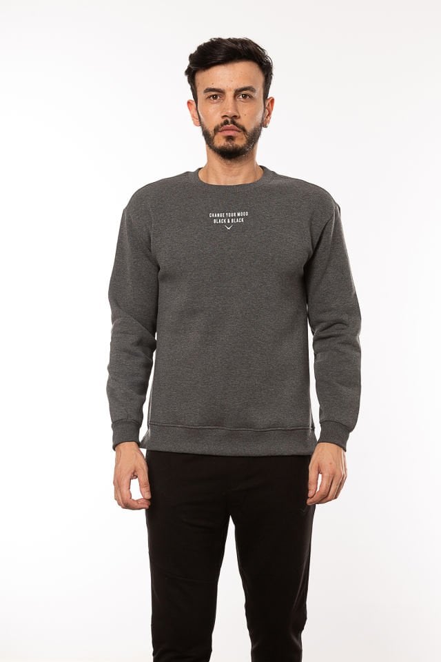 CAZ 5107 Sırt Baskılı Bisiklet Yaka Oversize Erkek Sweatshirt Antrasit Melanj