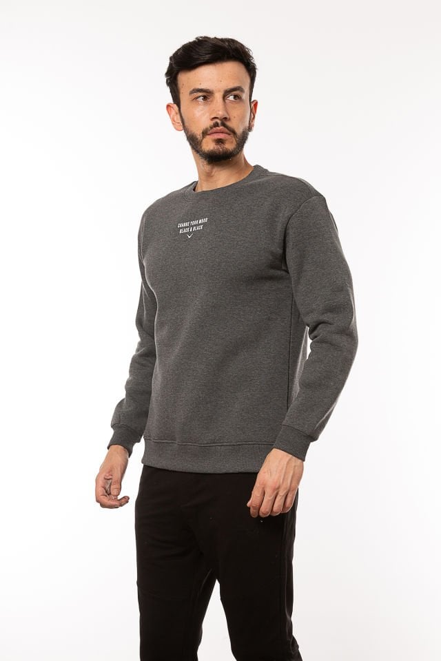 CAZ 5107 Sırt Baskılı Bisiklet Yaka Oversize Erkek Sweatshirt Antrasit Melanj