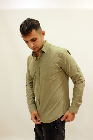 EG 1842-01 Khaki Tek Cep Erkek Keten Gömlek Haki
