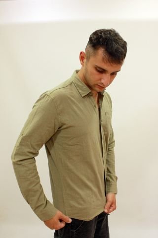 EG 1842-01 Khaki Tek Cep Erkek Keten Gömlek Haki
