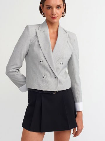 Dilvin 60735 Kontrast Manşetli Blazer Ceket-Gri