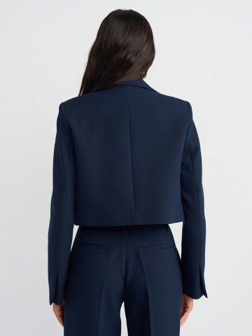 Dilvin 60744 Kruvaze Düğmeli Crop Blazer-Lacivert