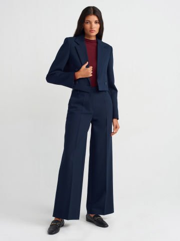 Dilvin 60744 Kruvaze Düğmeli Crop Blazer-Lacivert