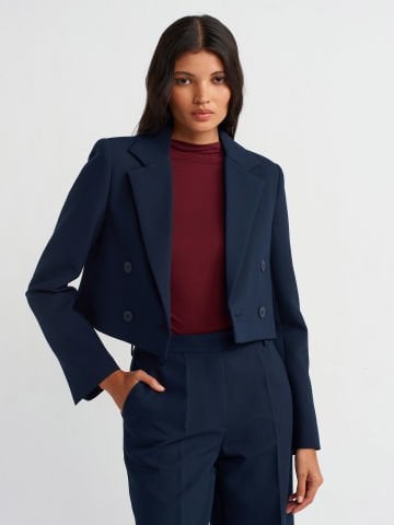 Dilvin 60744 Kruvaze Düğmeli Crop Blazer-Lacivert