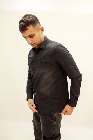 CAZADOR 2701 Black Stone Çift Cep Çıtçıtlı Denim Erkek Kot Gömlek Füme