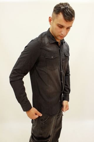 CAZADOR 2701 Black Stone Çift Cep Çıtçıtlı Denim Erkek Kot Gömlek Füme