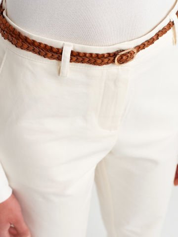 Dilvin 71637 Örgü Kemerli Chino Pantolon-Beyaz