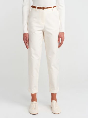 Dilvin 71637 Örgü Kemerli Chino Pantolon-Beyaz