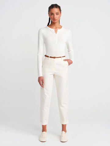 Dilvin 71637 Örgü Kemerli Chino Pantolon-Beyaz