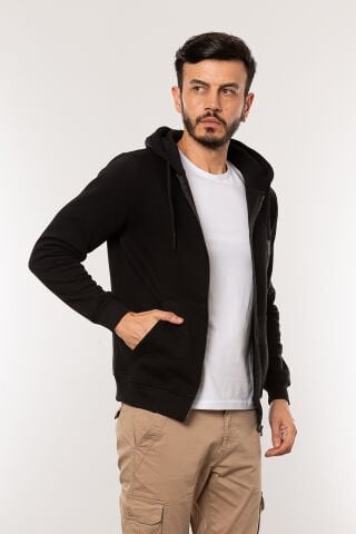 Caz 5617 Kapşonlu Önden Fermuarlı Erkek Sweat Ceket Siyah