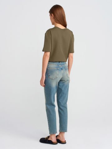 Dilvin 71779 Lazer Yıkama Likralı Denim Mom Pantolon-Tint