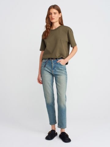 Dilvin 71779 Lazer Yıkama Likralı Denim Mom Pantolon-Tint