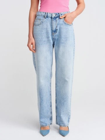 Dilvin 71782 Kar Yıkama Denim Mom Pantolon-Mavi