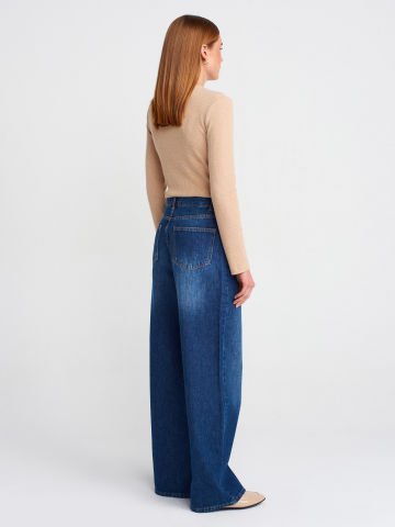 Dilvin 71784 Dökümlü Kumaş Geniş Denim Pantolon-Lacivert