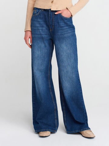 Dilvin 71784 Dökümlü Kumaş Geniş Denim Pantolon-Lacivert