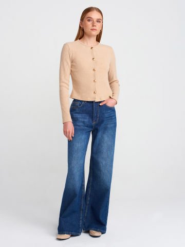 Dilvin 71784 Dökümlü Kumaş Geniş Denim Pantolon-Lacivert